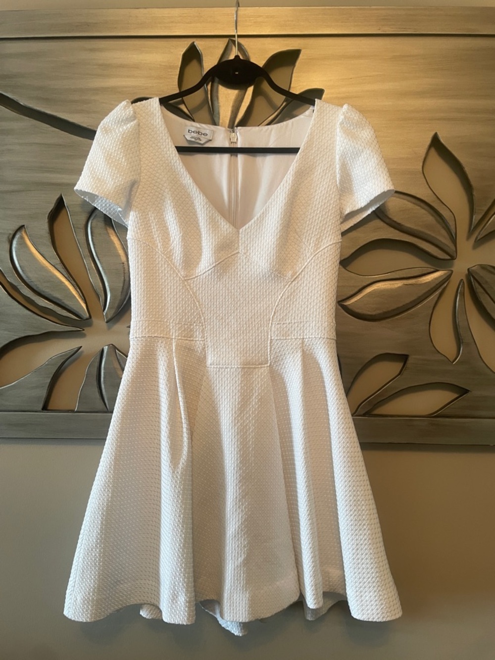 bebe White V-Neck Fit & Flare Dress